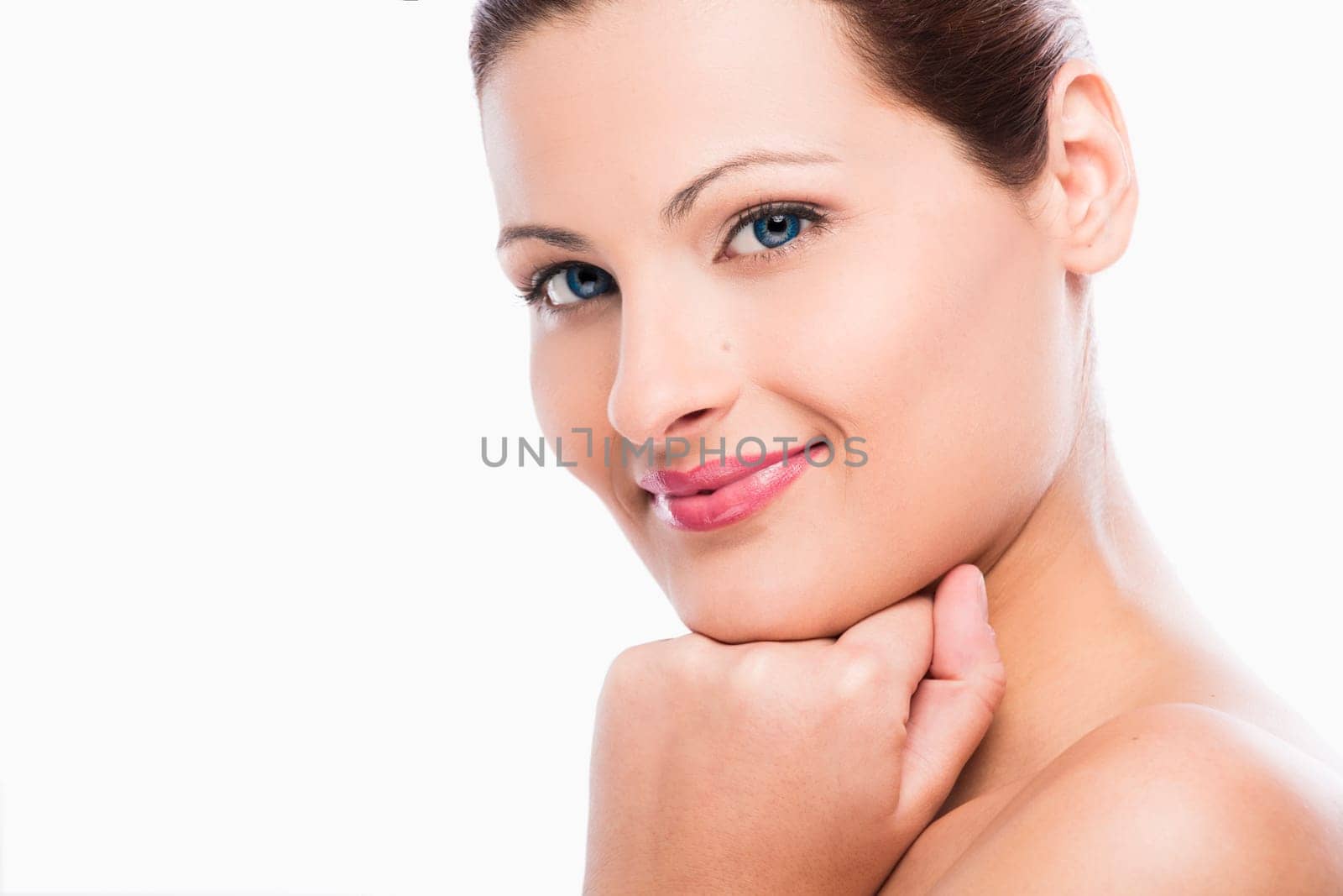 Beauty portrait of a young blonde woman, isolated on white background