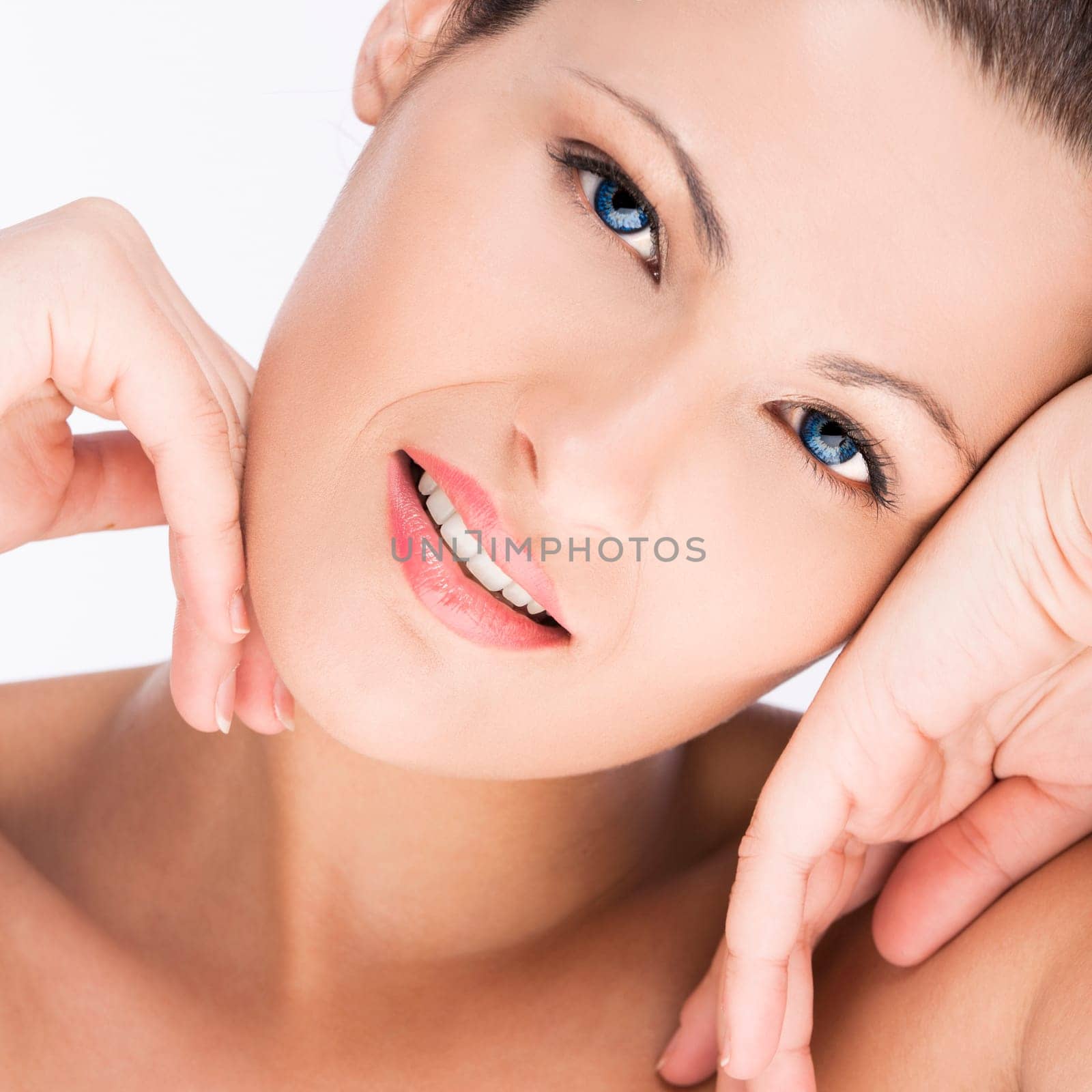 Portrait of a beautiful blonde woman, isolated on white background