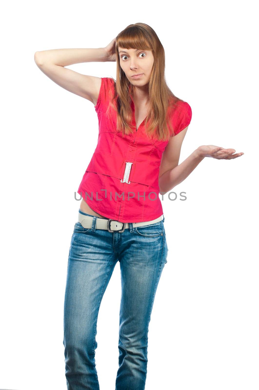 Beautiful and confused girl isolated on white background, hand at her head`s back, looking into the camera