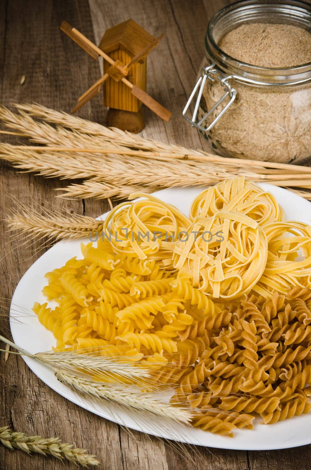 Variety of pasta, flour and rye cones