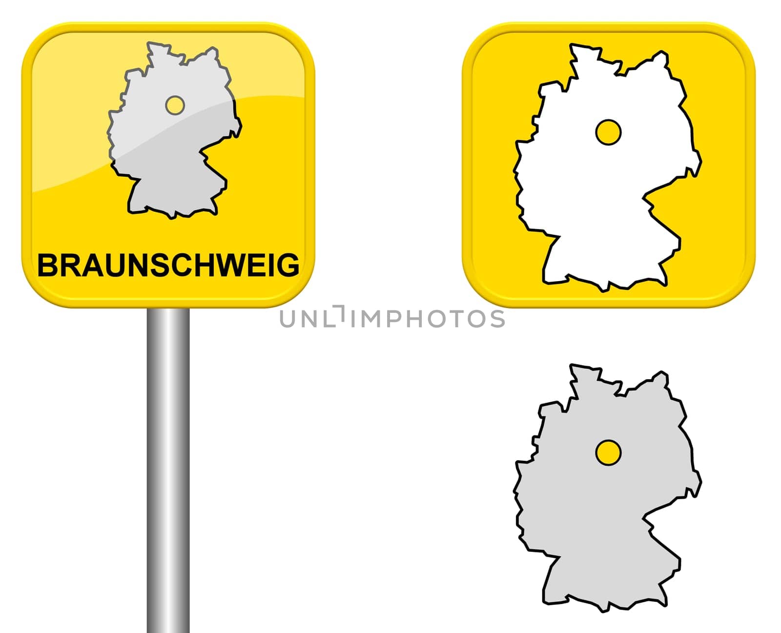 Town sign,map of Germany and button of Braunschweig