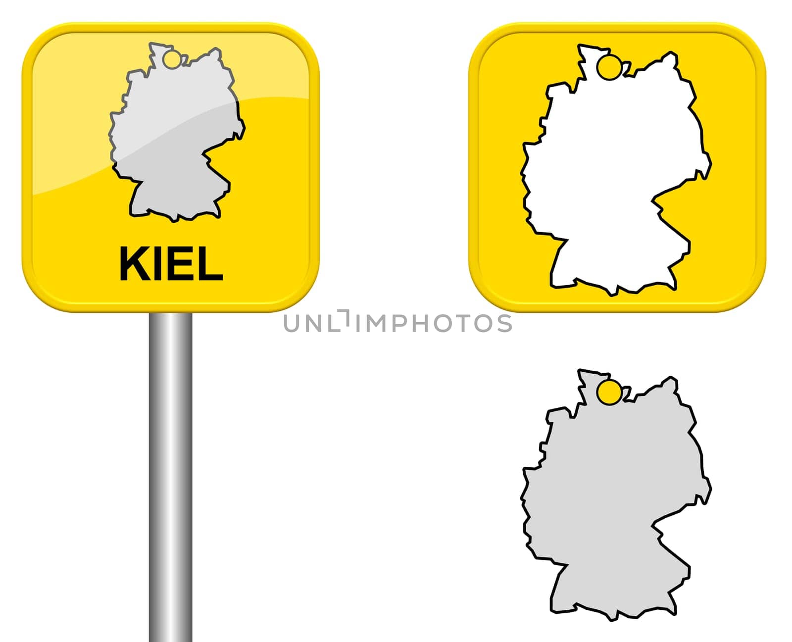 Town sign,map of Germany and button of Kiel