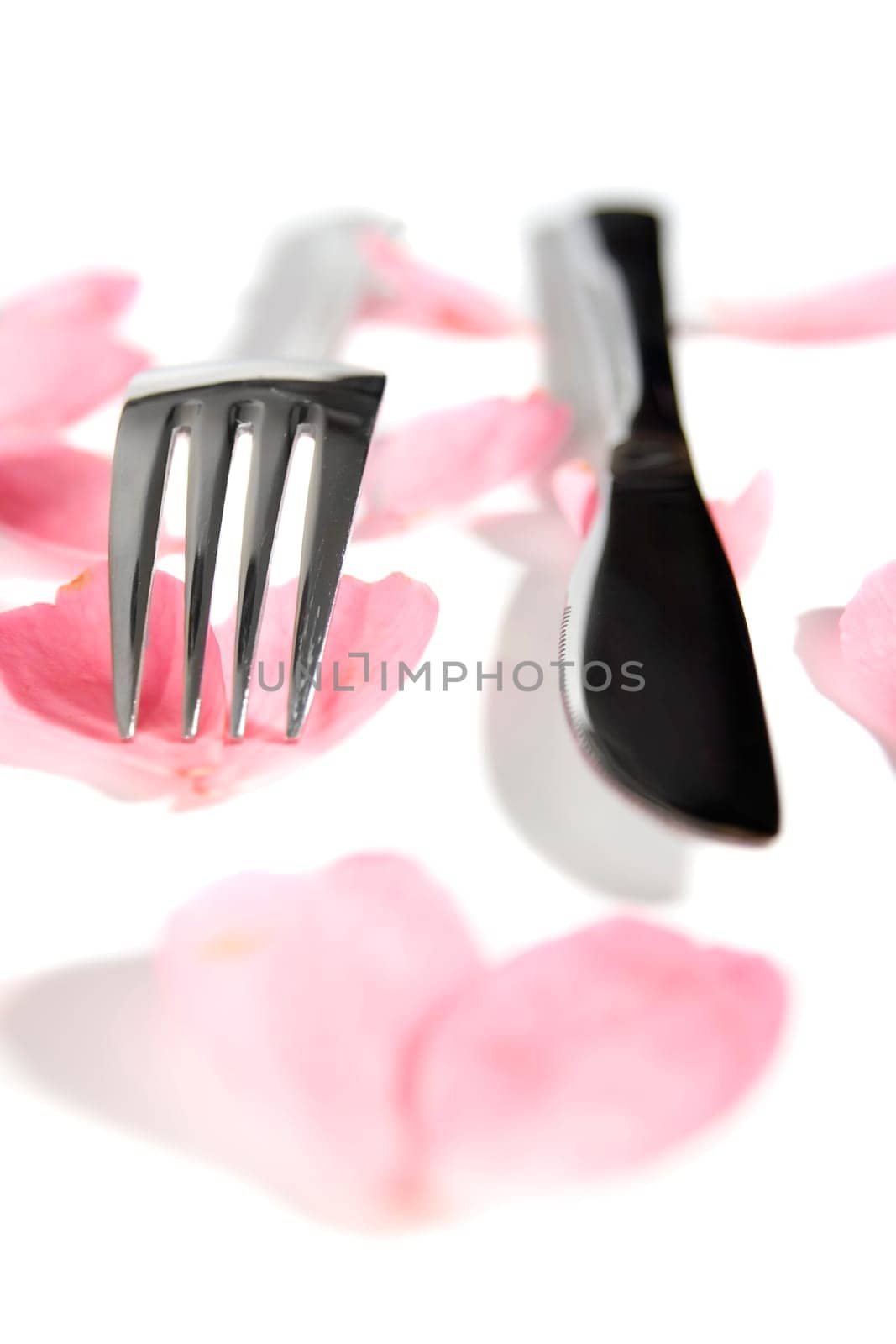 fork and knife isolated with rose petals for concept on romantic dining