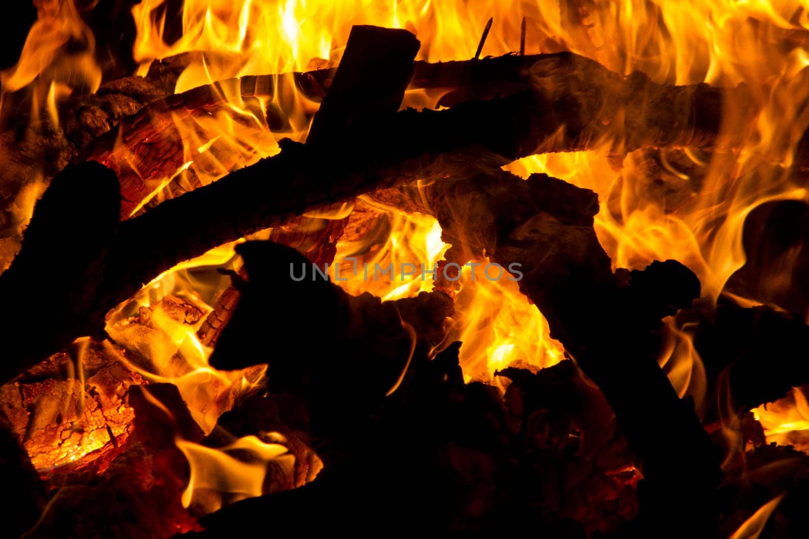 Close view of a wood fire at night.