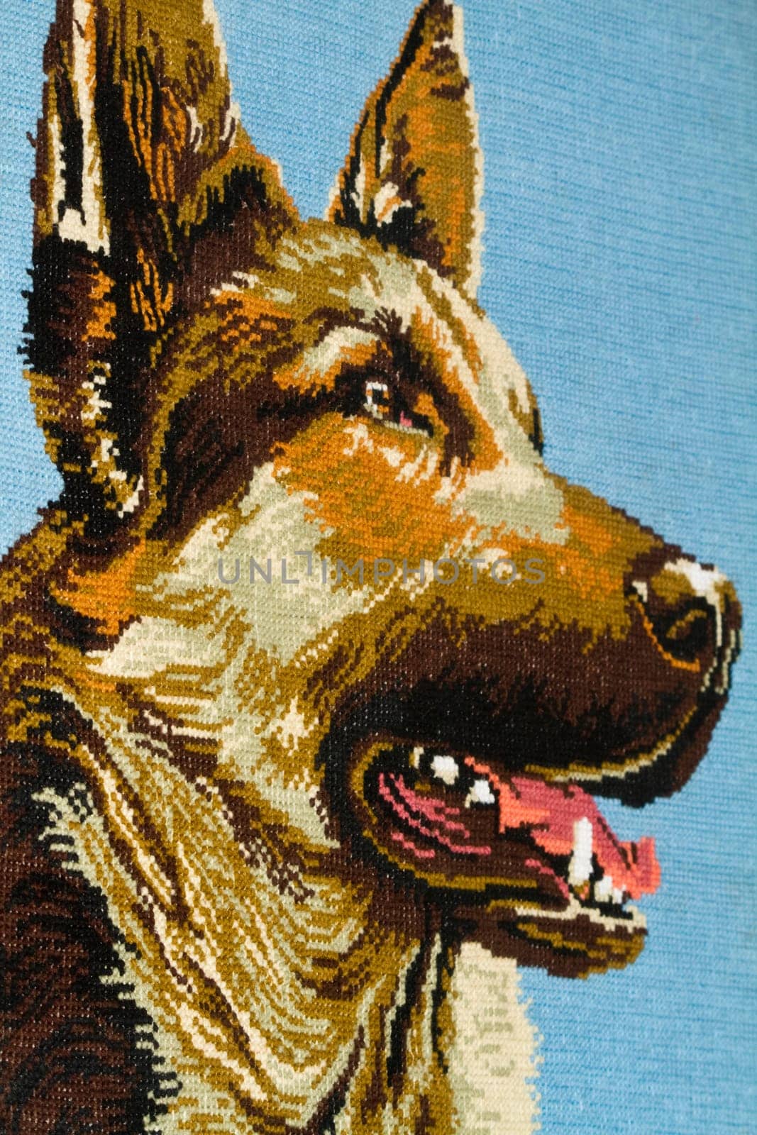 Close view of a wool knitted dog on a frame.