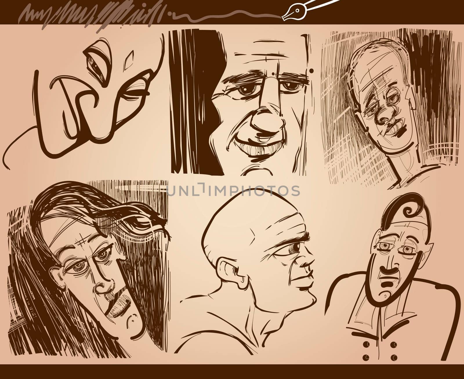 Cartoon Illustration of People Faces Caricature Drawings Set