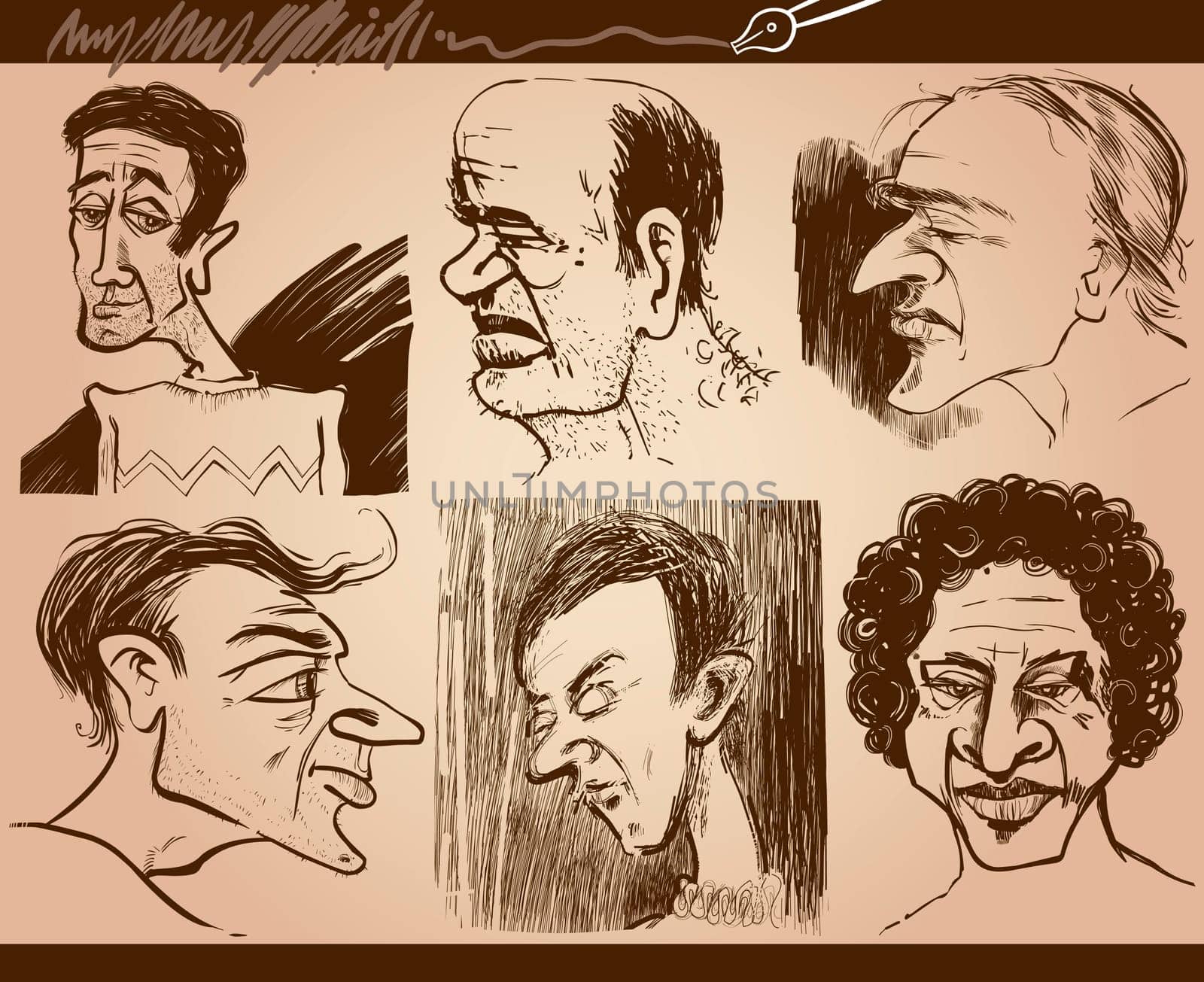 Cartoon Illustration of People Faces Caricature Drawings Set