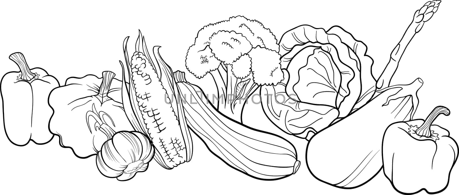 Black and White Cartoon Illustration of Vegetables Food Object Big Group for Coloring Book