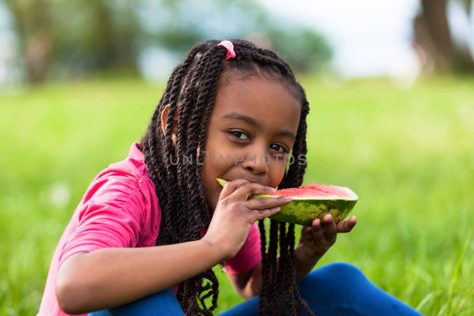 Outdoor portrait of a cute young black little  girl eating watermelon - African people