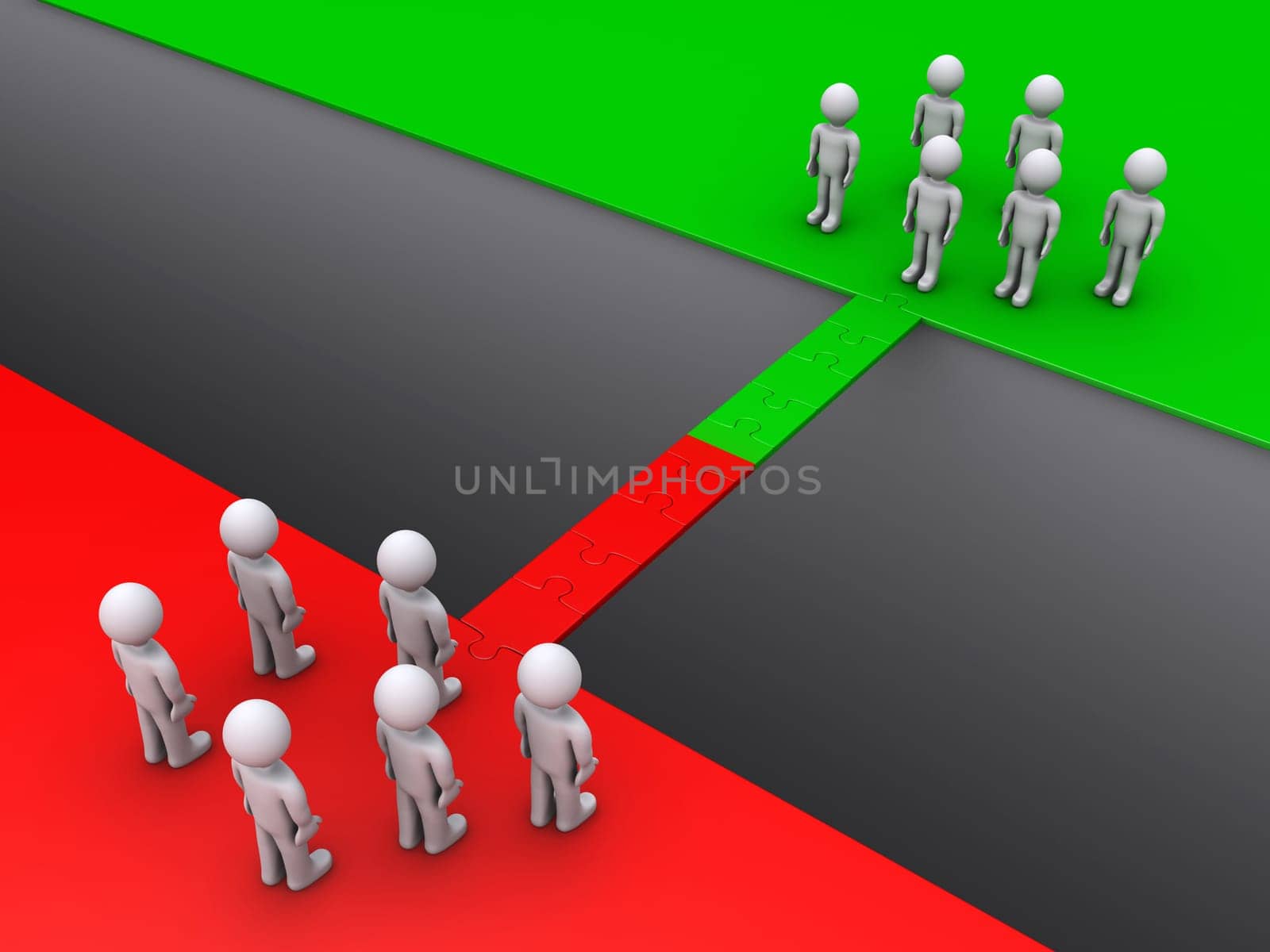 Two teams are standing on opposite sides and a bridge connects them