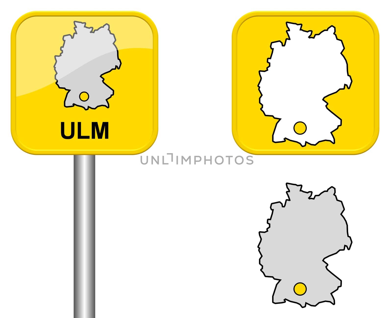 Town sign,map of Germany and button of Ulm
