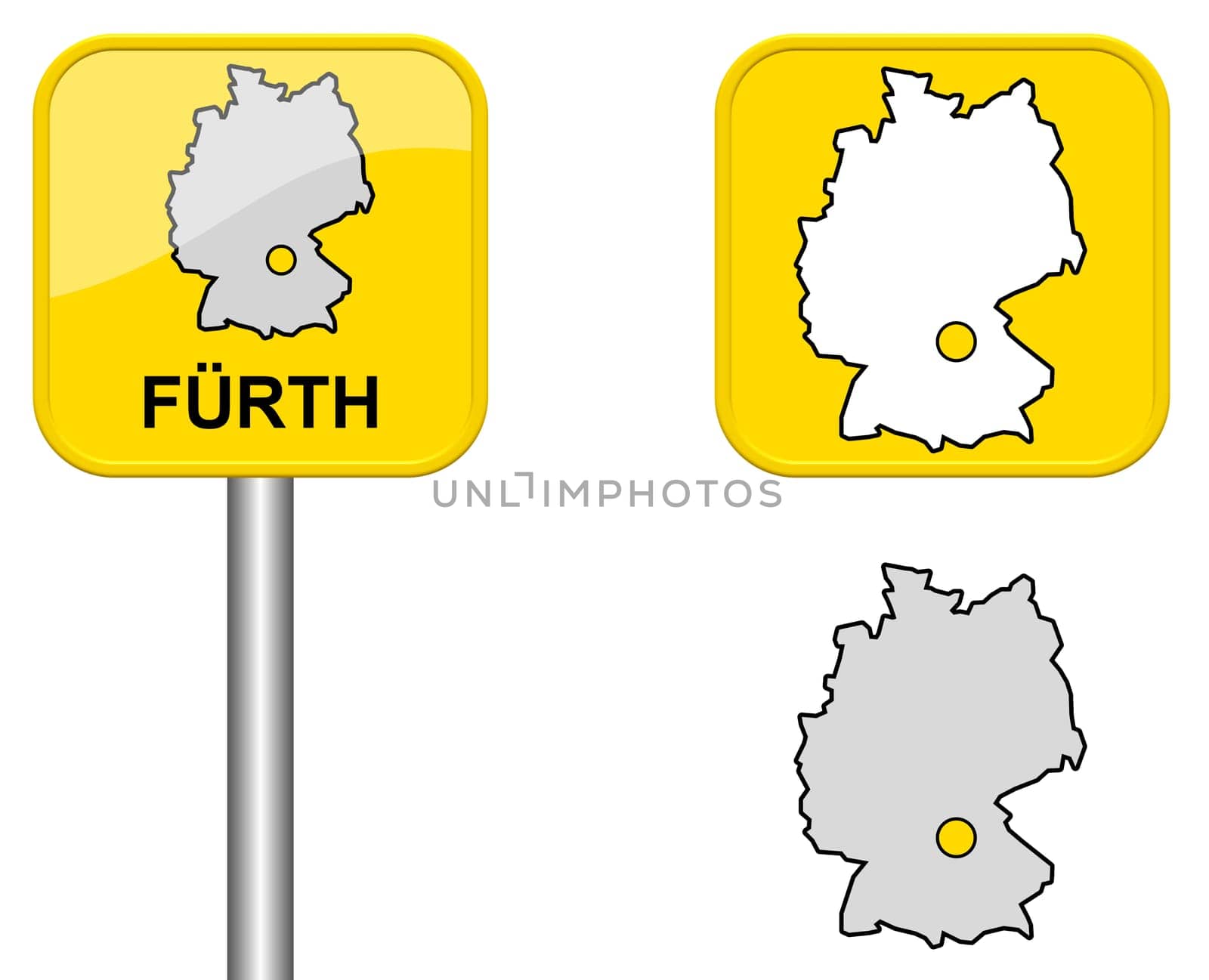 Town sign,map of Germany and button of Fürth
