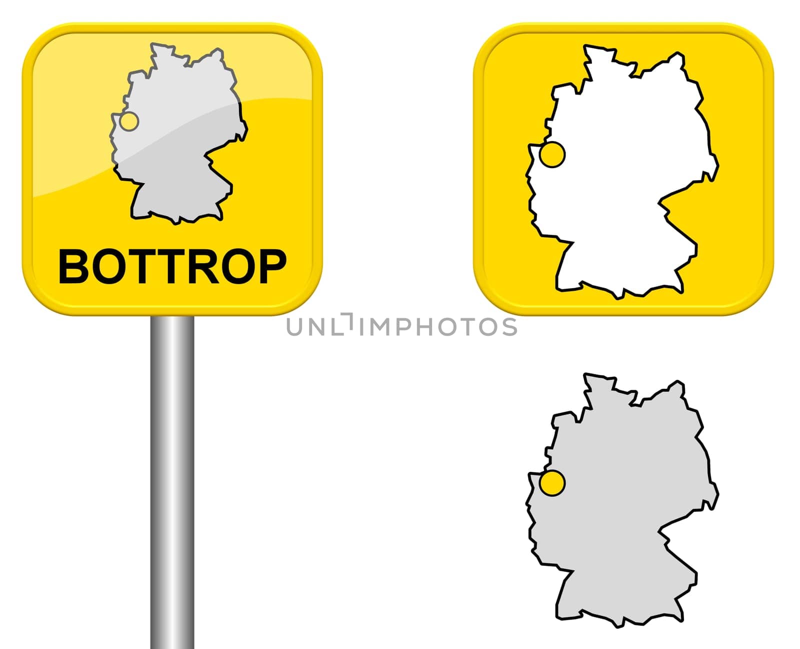 Town sign,map of Germany and button of Bottrop