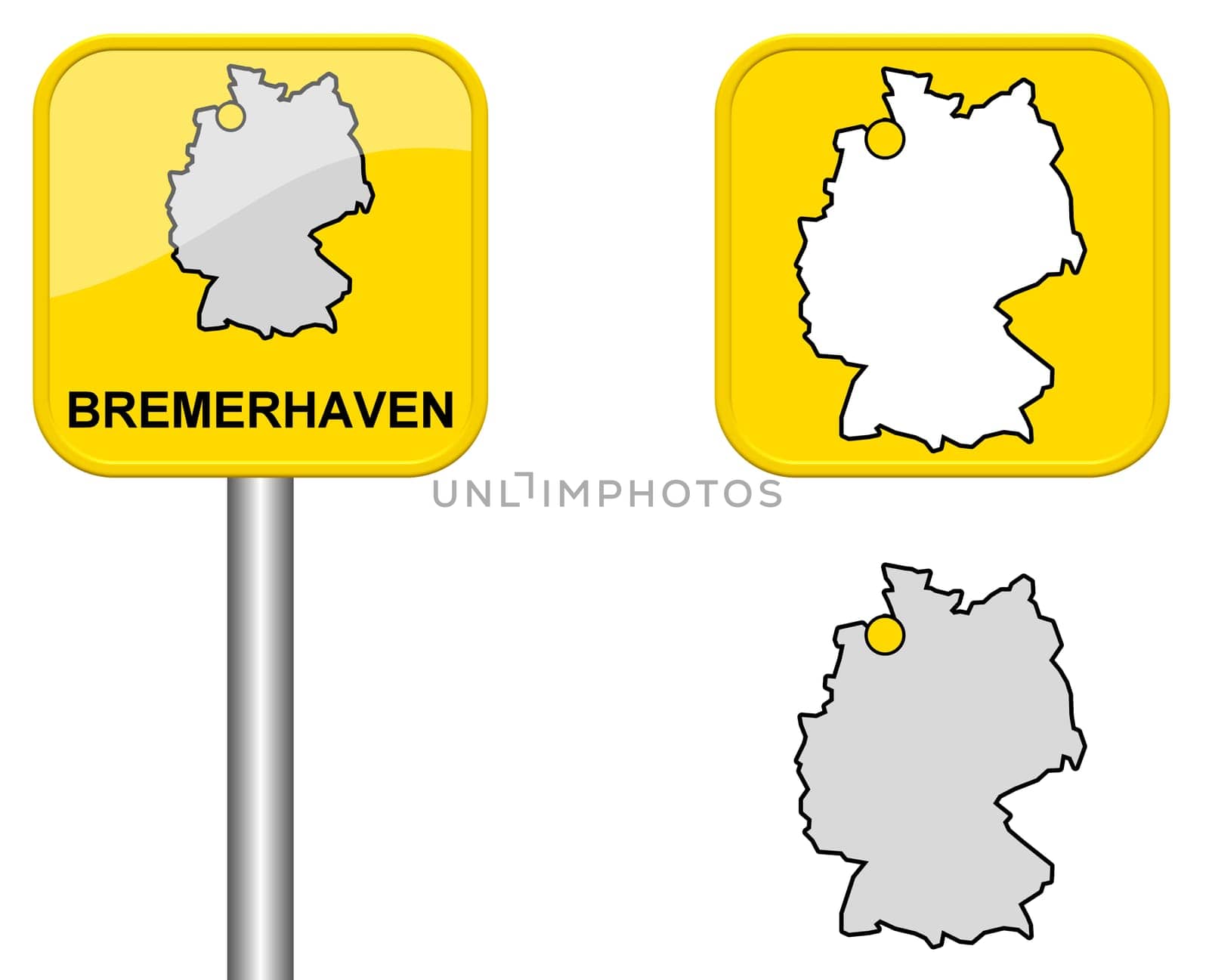 Town sign,map of Germany and button of Bremerhaven
