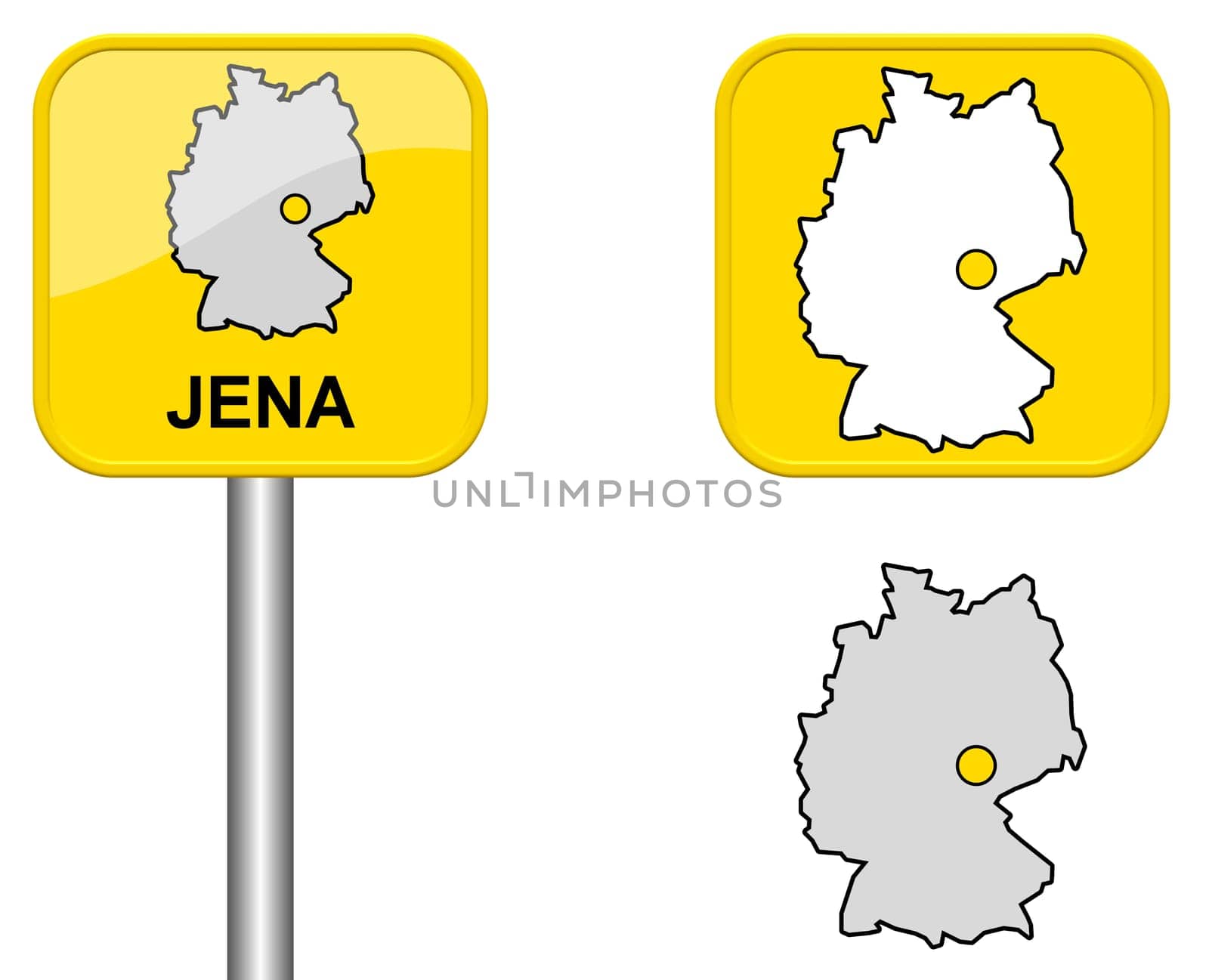 Town sign,map of Germany and button of Jena
