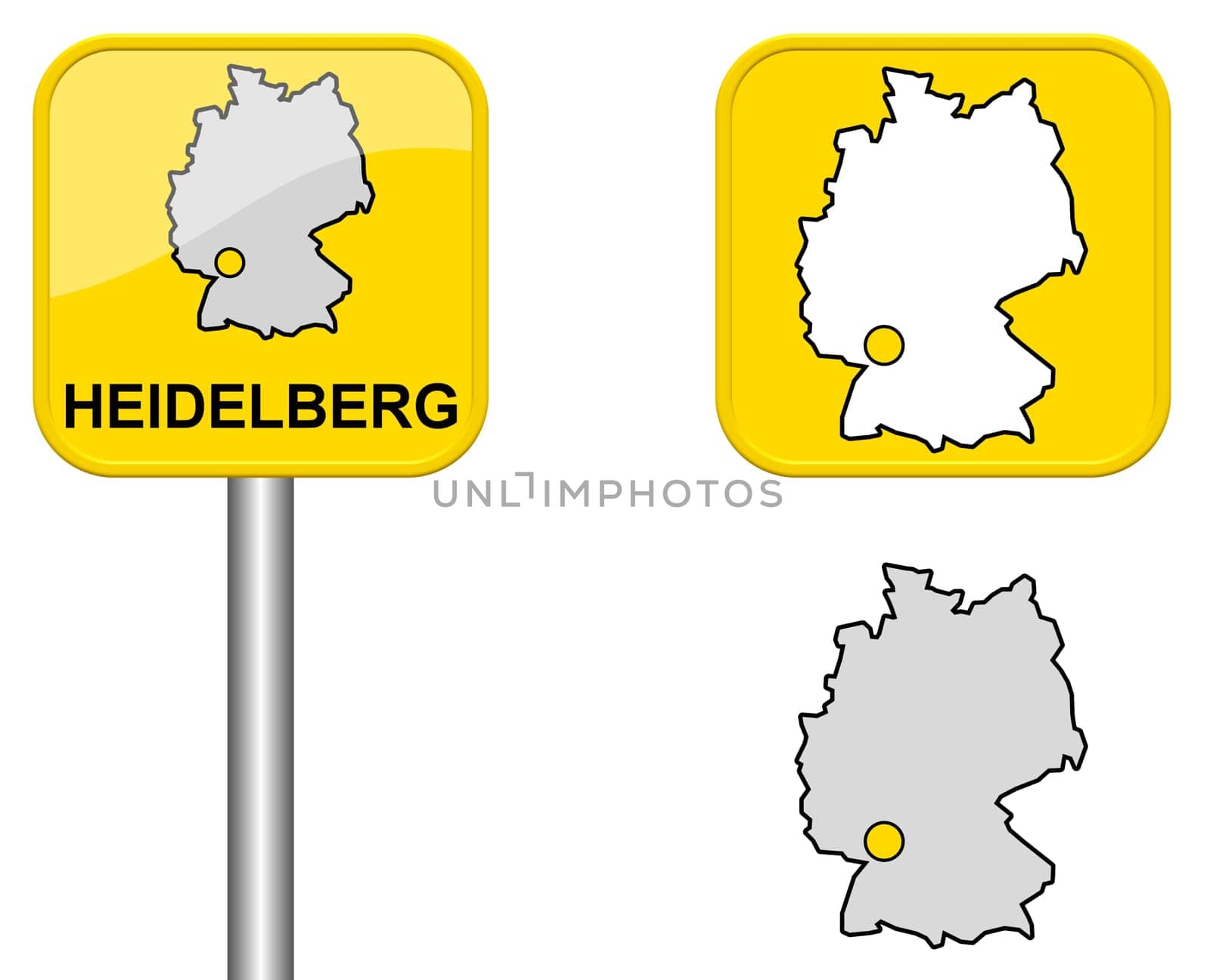 Town sign,map of Germany and button of Heidelberg