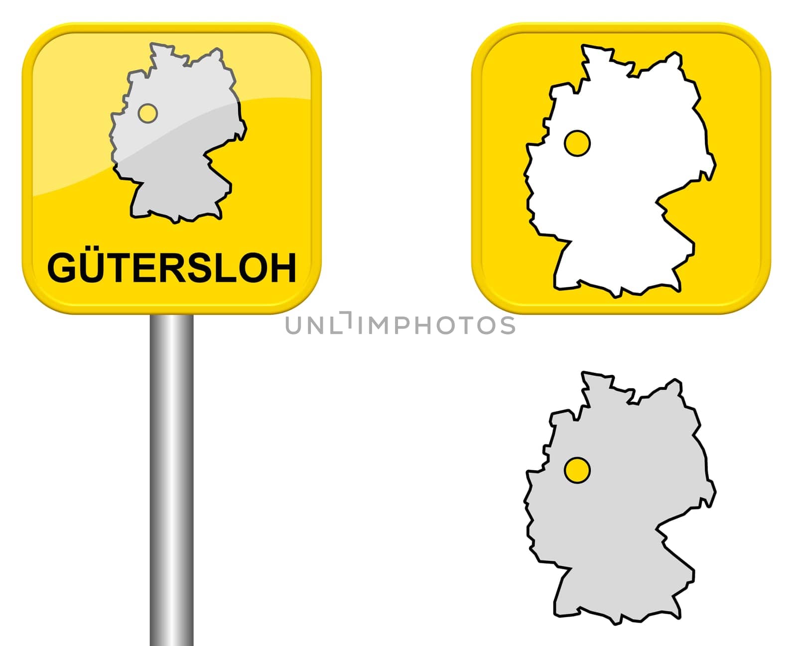Town sign,map of Germany and button of Gütersloh