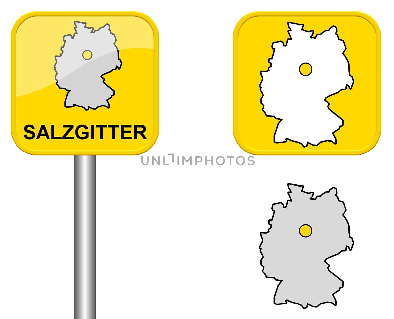 Place sign,map of Germany and button of Salzgitter