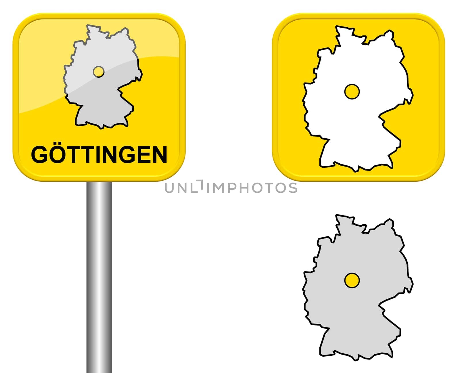 Town sign,map of Germany and button of Göttingen