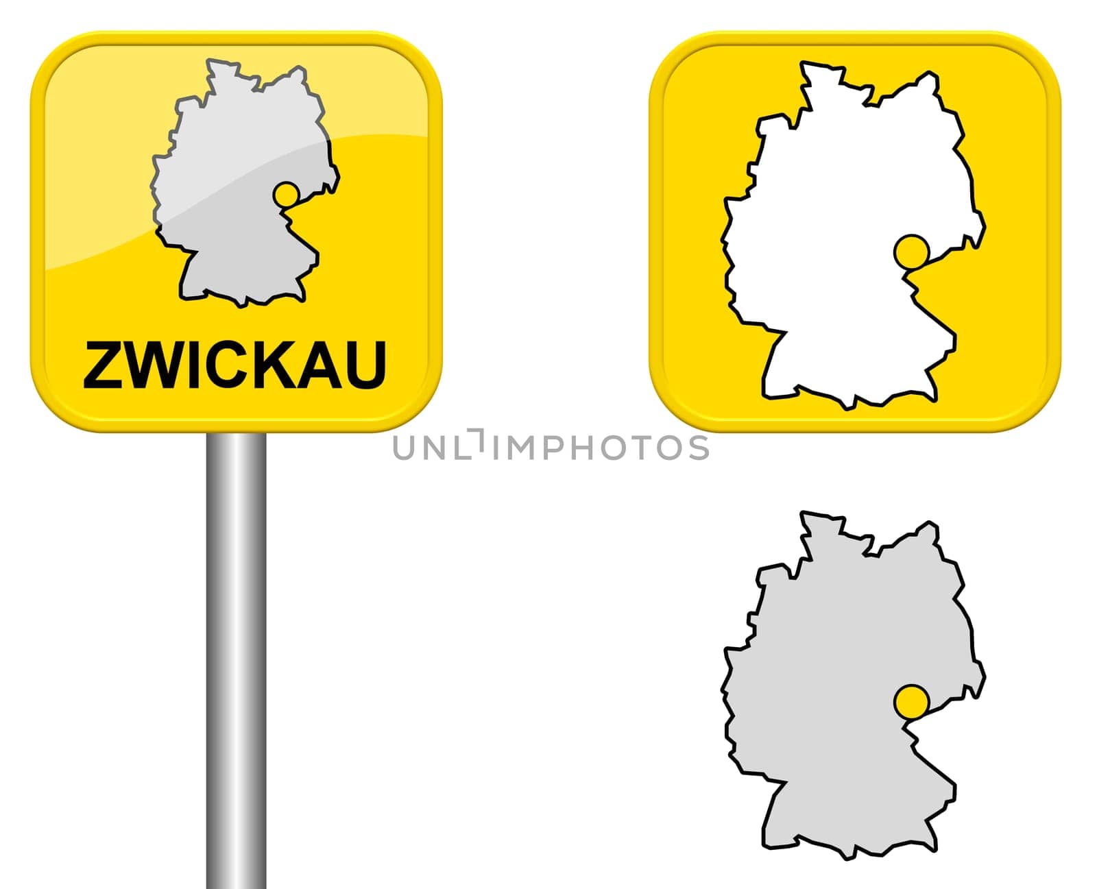 Town sign,map of Germany and button of Zwickau