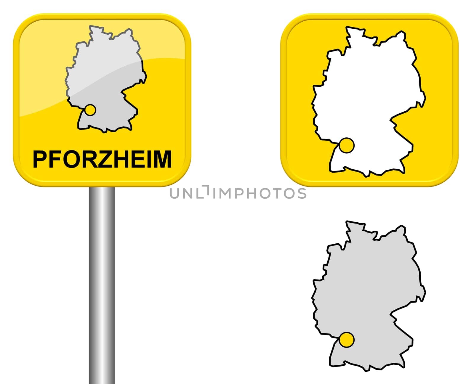 Town sign,map of Germany and button of Pforzheim
