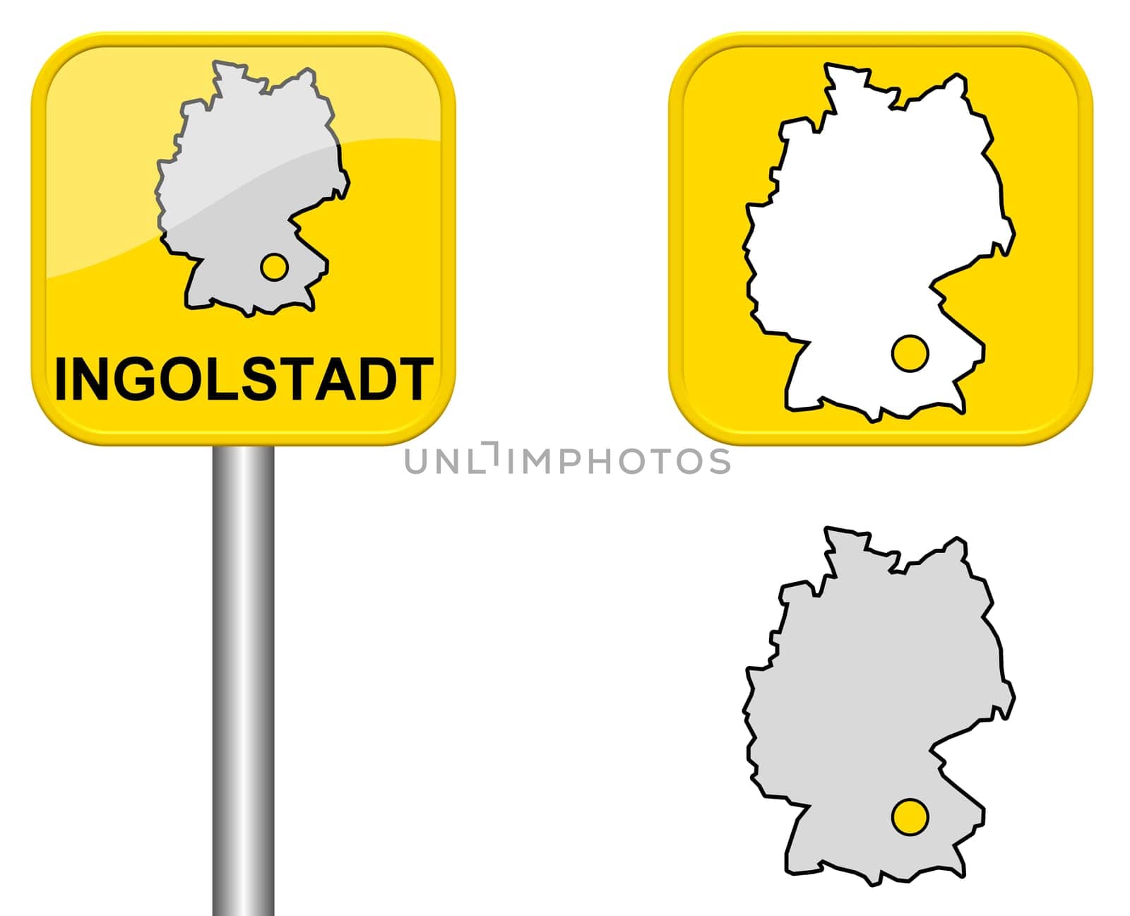 Town sign,map of Germany and button of Ingolstadt