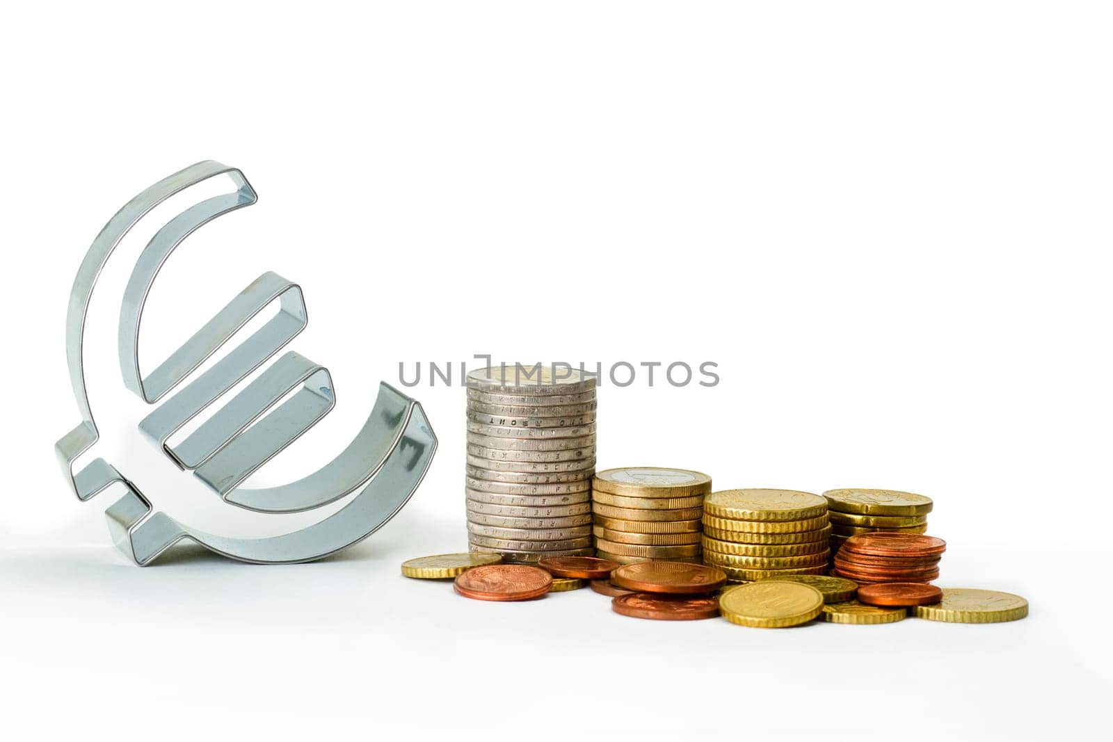 Euro symbol with euro coins cropped on white background