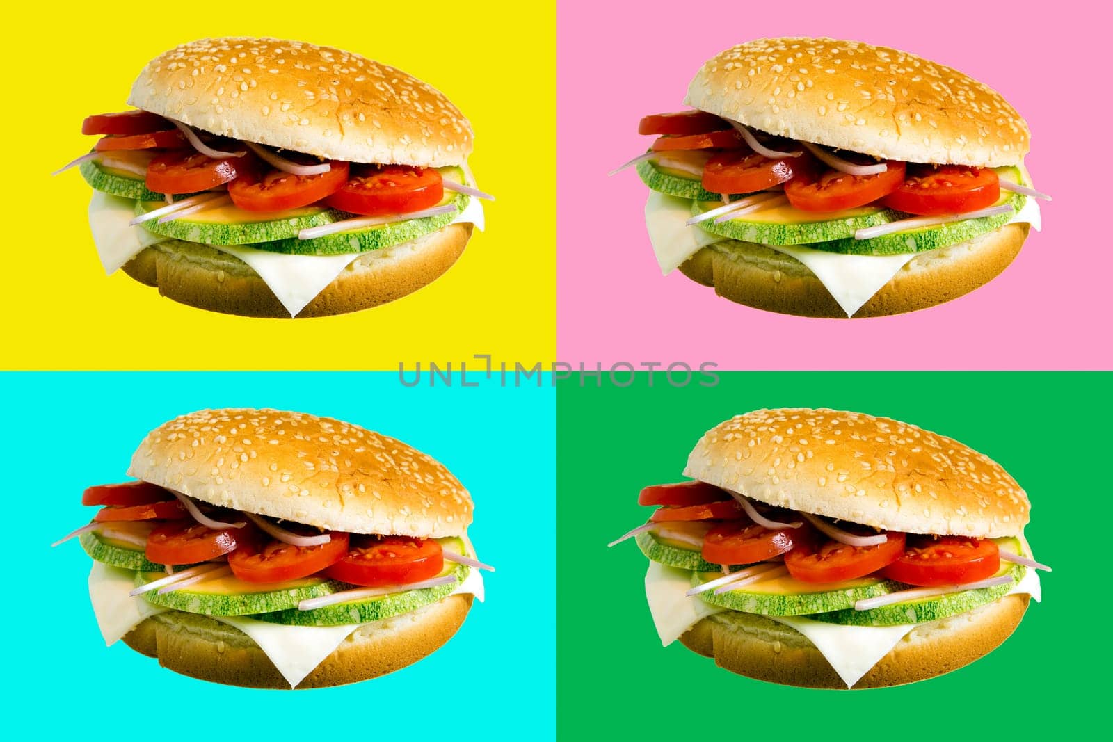 Veggie burger made with zucchini,onion,tomato and cheese isolated on colored background, multiple images.