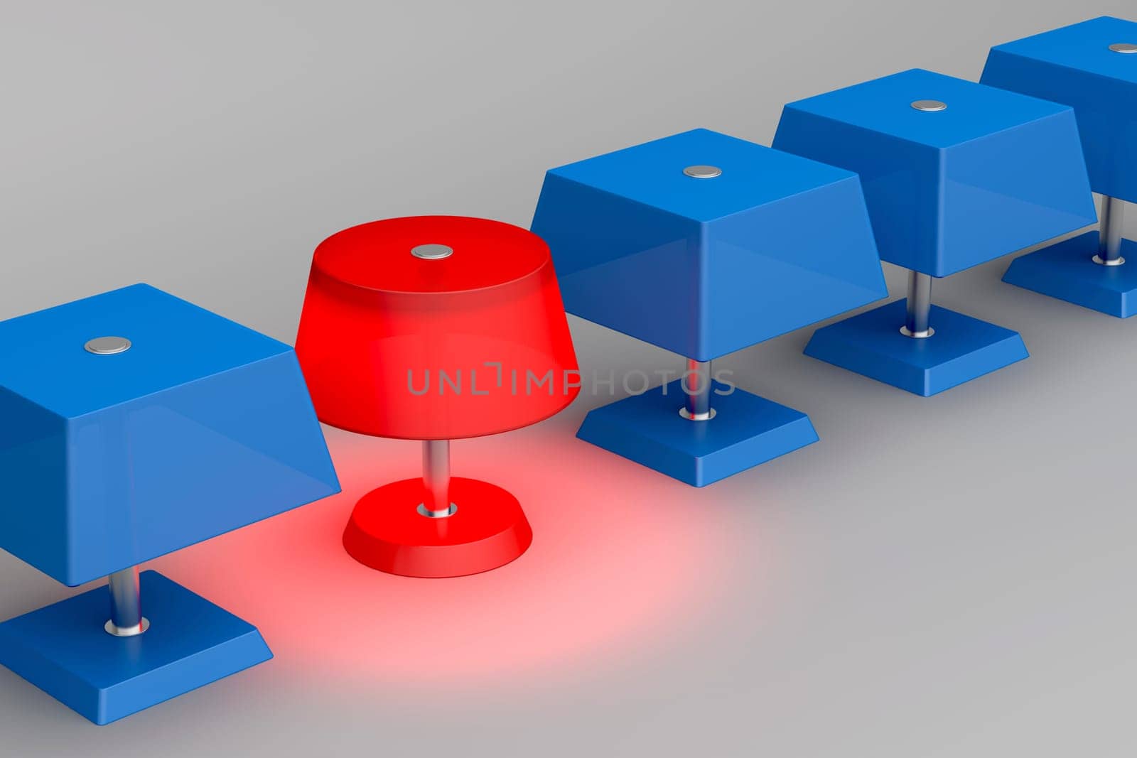 One unique red lamp in a row of blue lamps