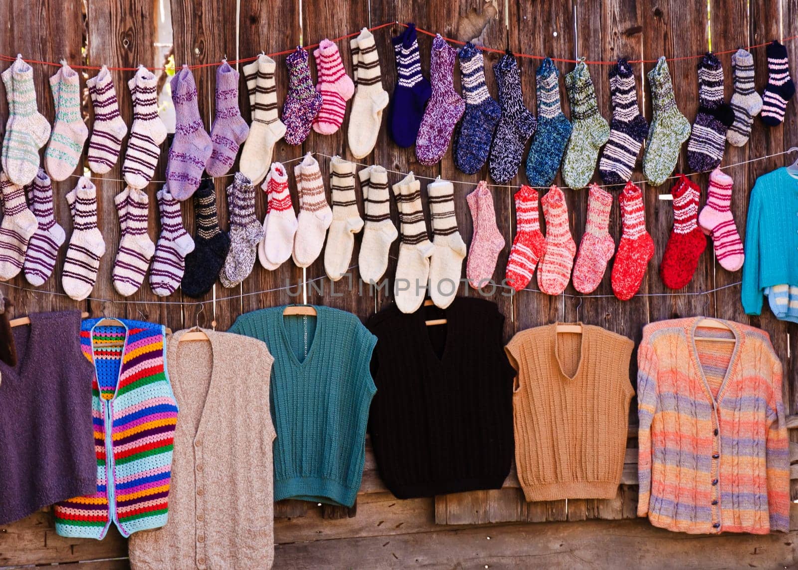 Handmade wool socks and sweaters from Viscri village, Transylvania