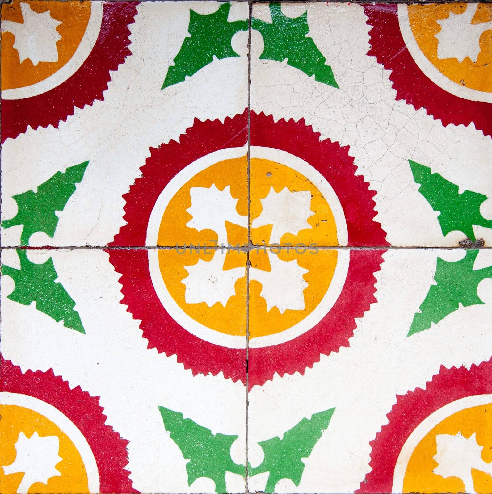 Antique tiles in the interior of the Assembly hall of the Cantonese Chinese Congregation, Hoi  An, Vietanm