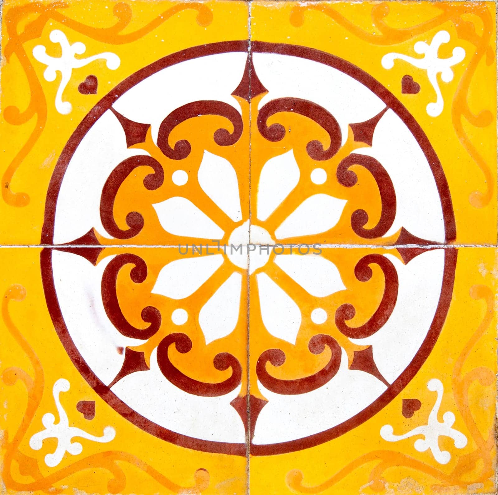 Antique tiles in the interior of the Assembly hall of the Cantonese Chinese Congregation, Hoi  An, Vietanm