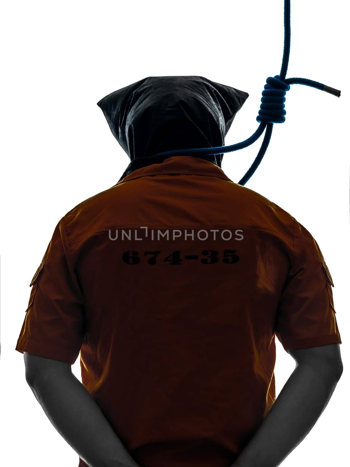 one caucasian criminal man with hangman noose around the neck  in silhouette studio isolated on white background