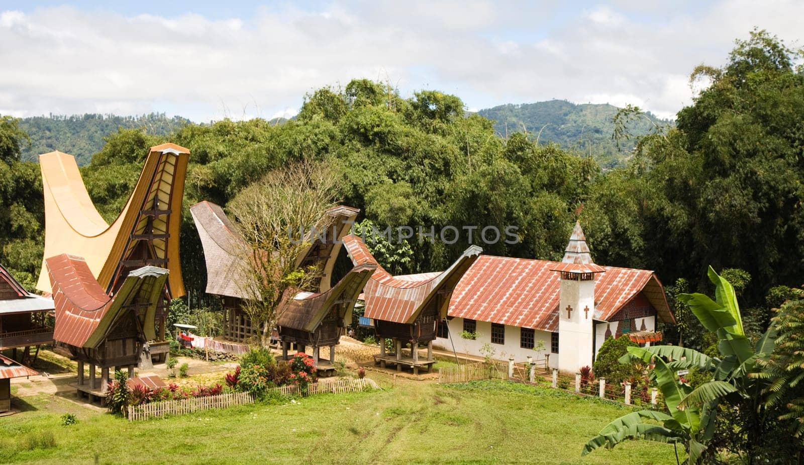 Toraja village with traditional houses and a church in Toraja, Sulawesi, Indonesia