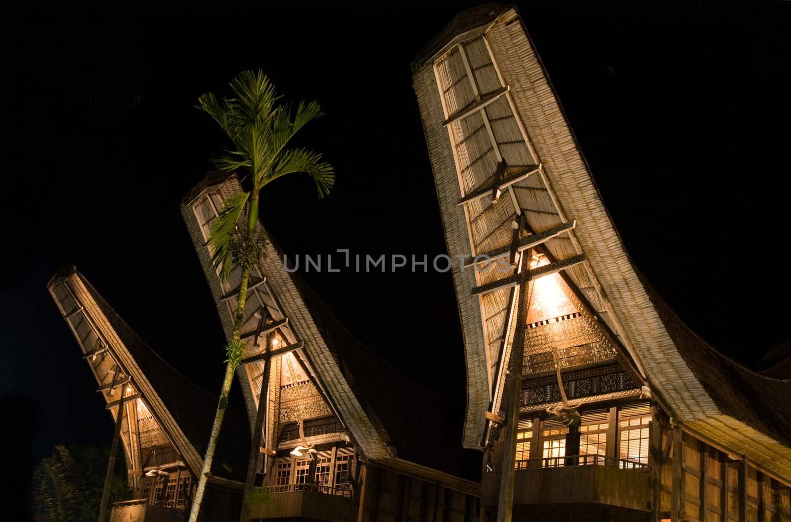 Traditional Toraja houses (tongkonan) at night