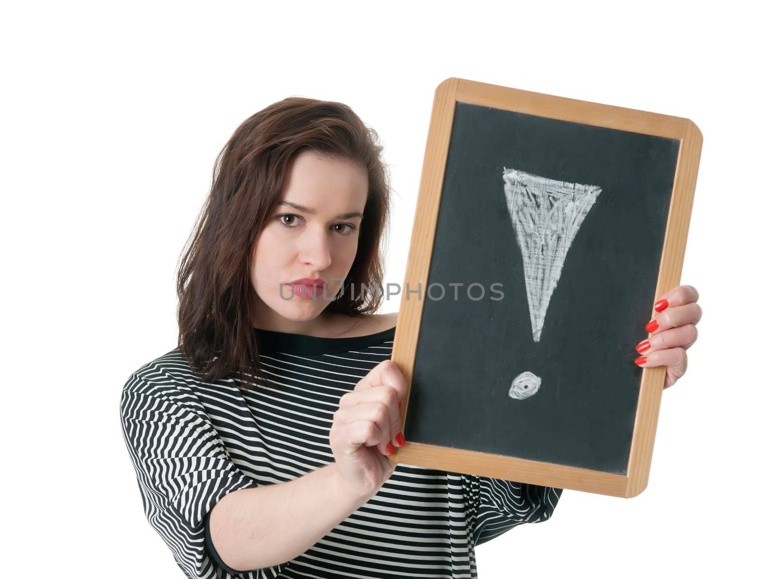 young woman with exclamation mark