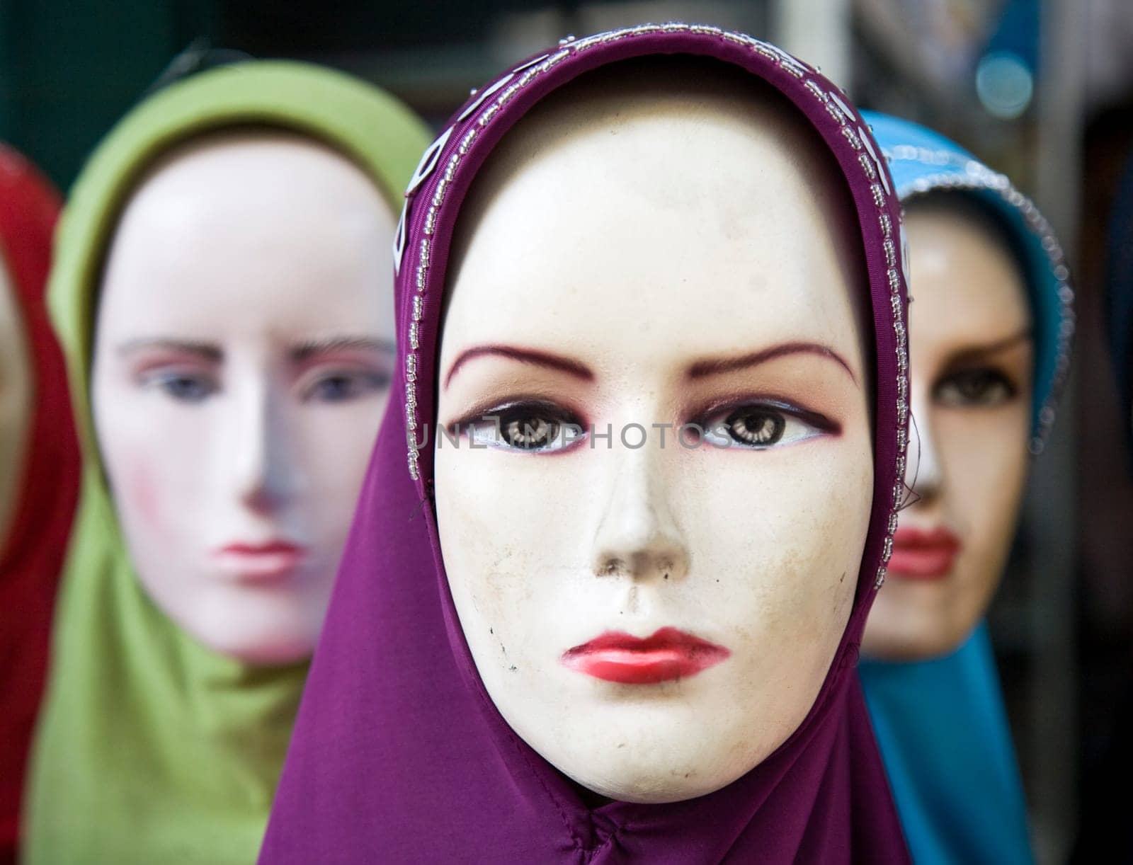 Display with a headscarf on a market in Surabaya, Indonesia