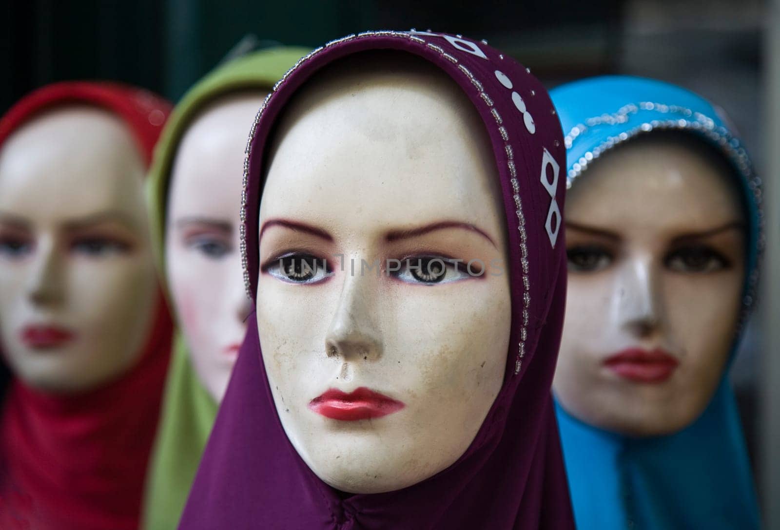 Display with a headscarf on a market in Surabaya