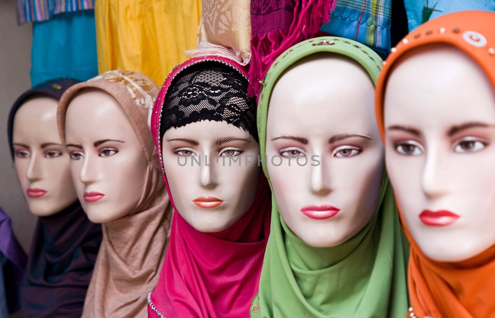 Display with a headscarf on a market in Surabaya