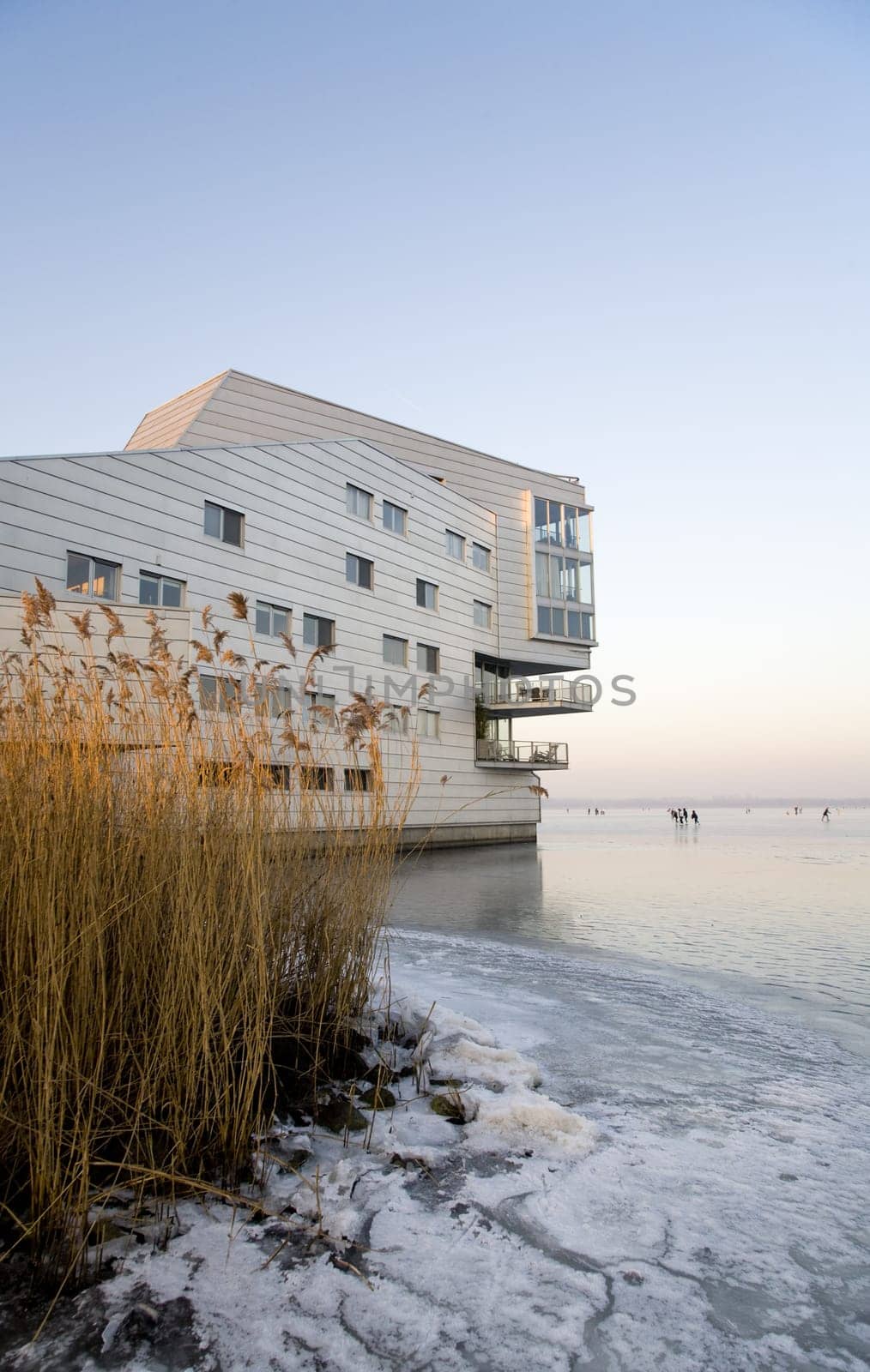 Sphinx apartments buildings in an ice landscape Huizen, the Netherlands