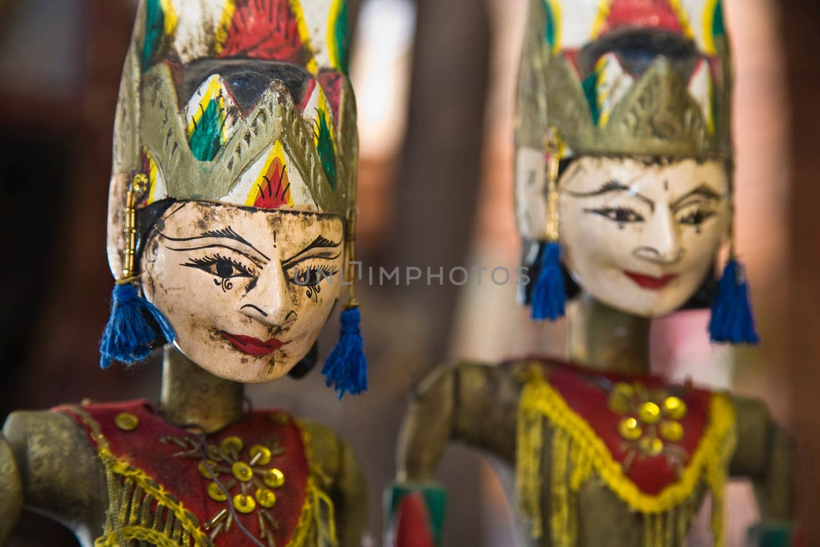Indonesian Wayang Golek puppets for sale in a souvenir shop