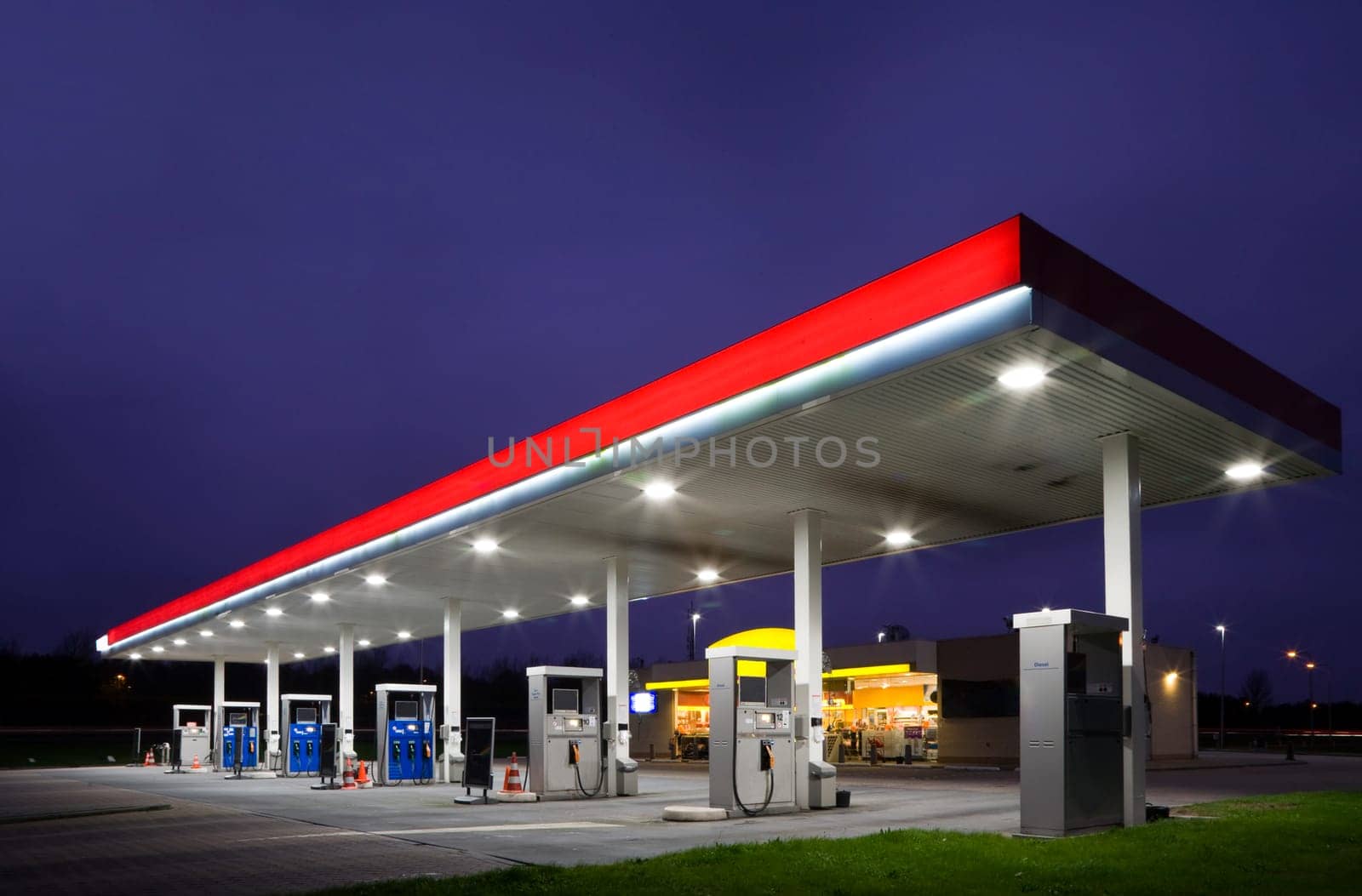 Empty gas station at night