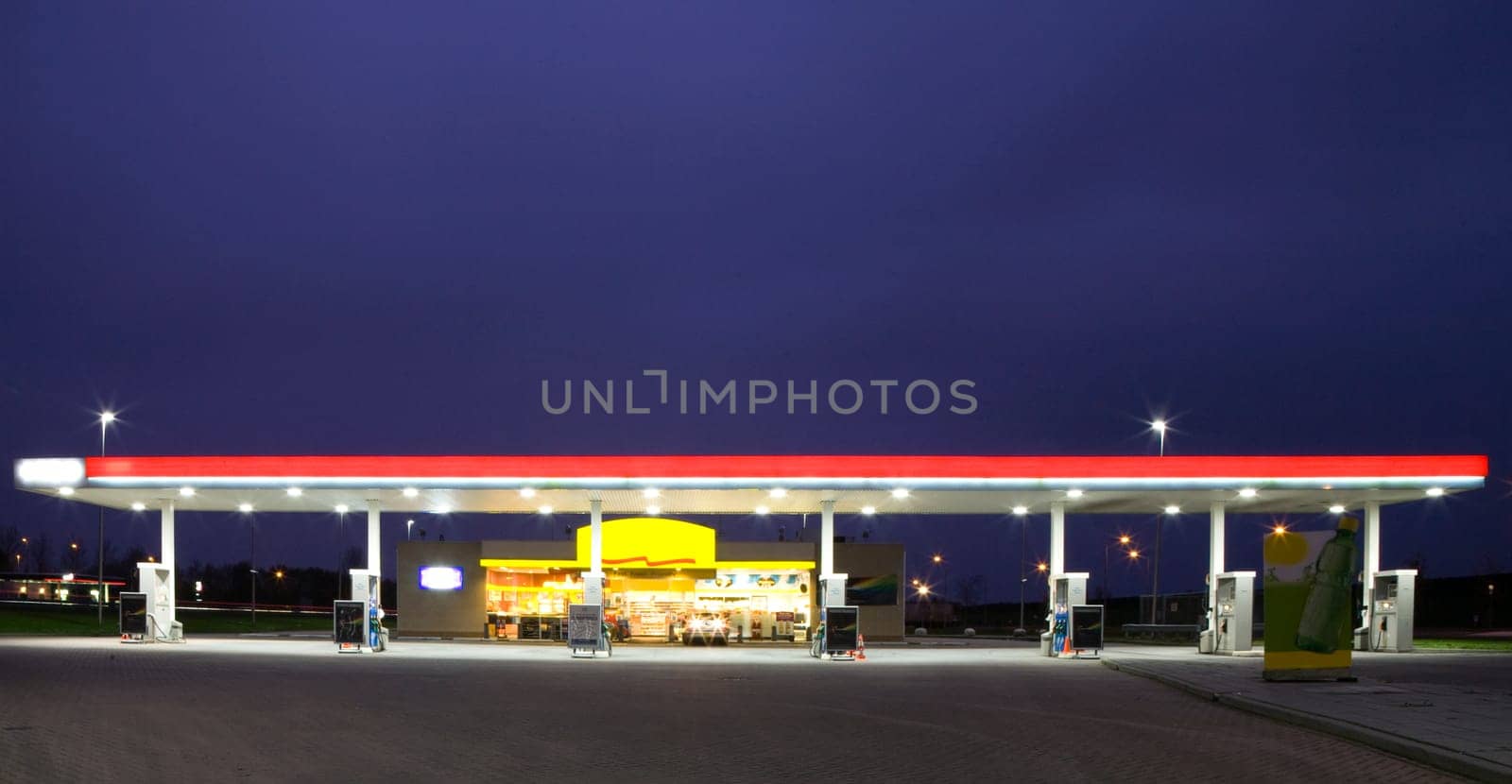 Empty gas station at night