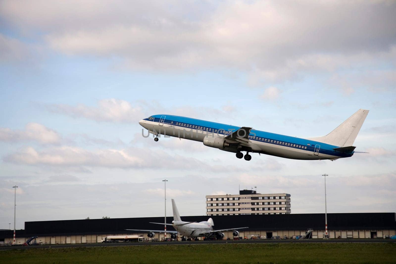 Airplane takes off from schiphol airport, Amsterdam