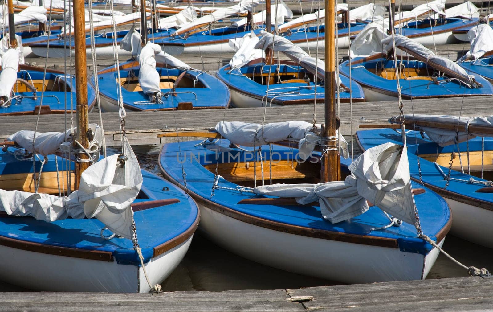 Many blue sailing boats in the marina