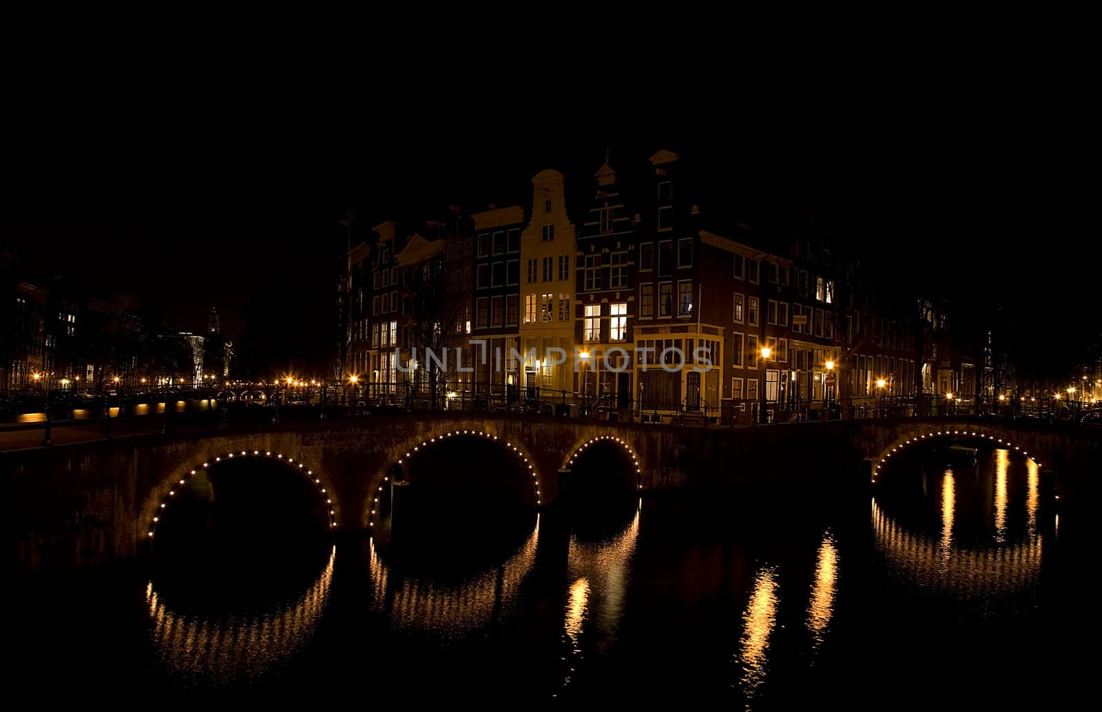 Canal junction at night in Amsterdam,Holland
