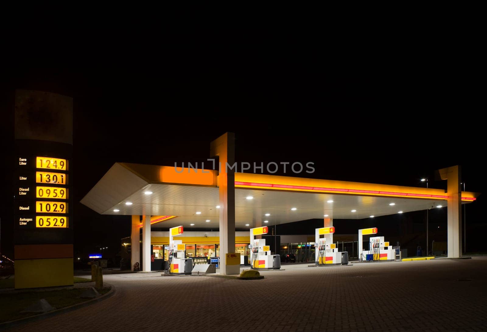 Empty gas station at night