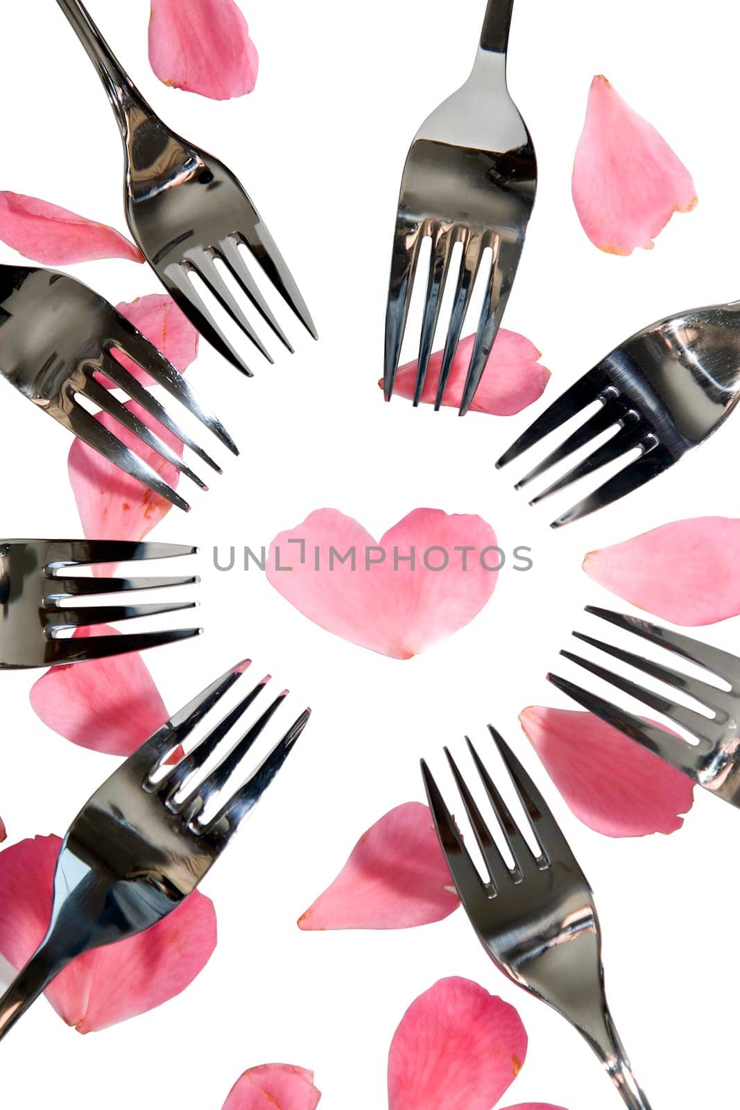 forks surrounding a heart shape petal with rose petals for a concept on romantic dining on white background with clipping path