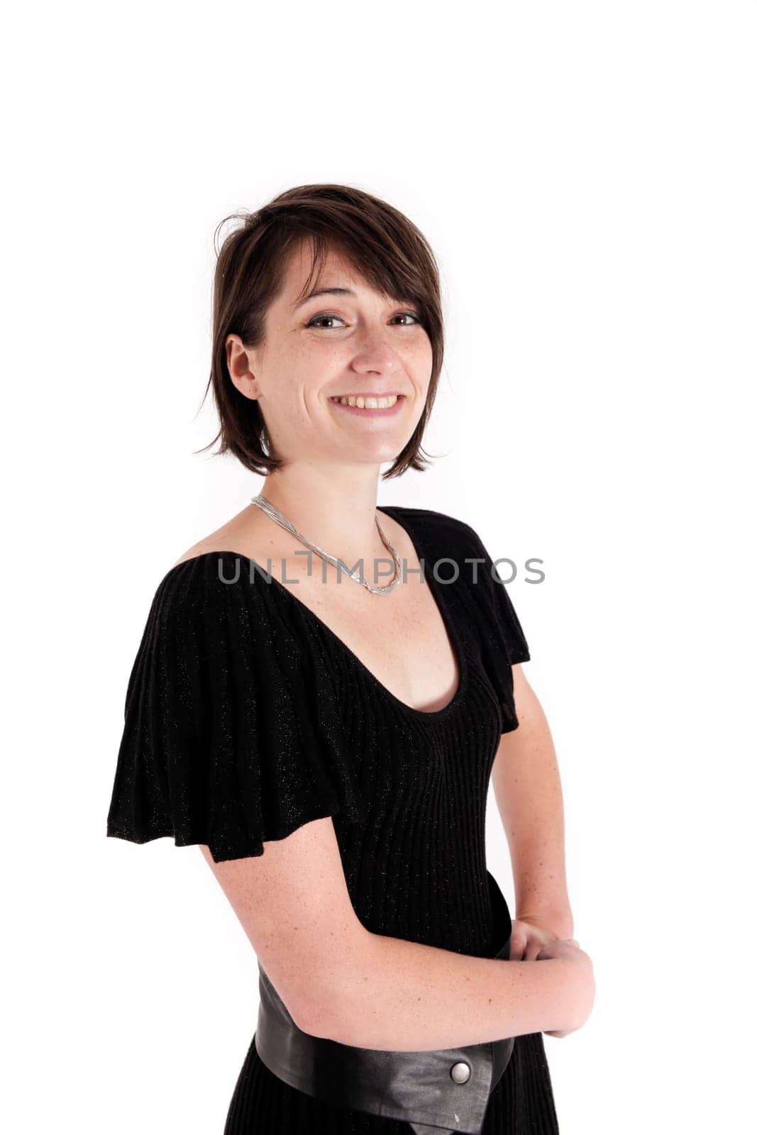 variation of expression on the face of a young brunette woman in studio with a colored scarf