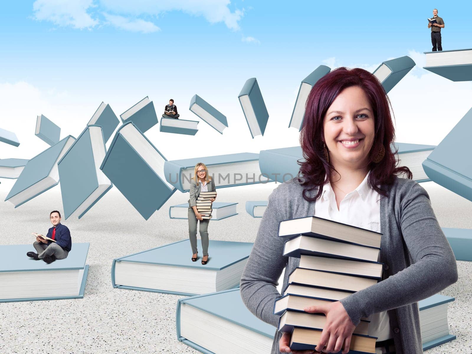 happy people and 3d abstract books background